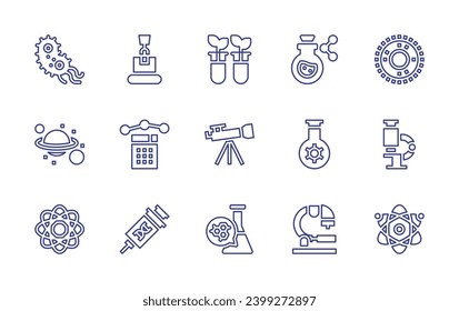 Science line icon set. Editable stroke. Vector illustration. Containing bacteria, chemical, saturn, telescope, atomic, chemistry, packing, mathematics, bioengineering, flask, microscope, physics.
