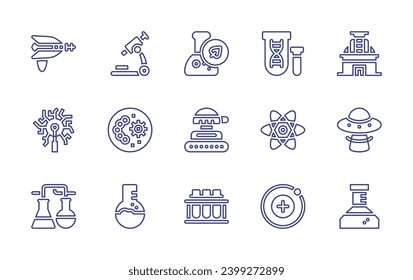 Conjunto de iconos de la línea de ciencia. Trazo editable. Ilustración vectorial. Con pistola, biología, bola de plasma, tanque, química, tubo de ensayo, microscopio, placa de petri, experimento, genético, observatorio, átomo, ufo.