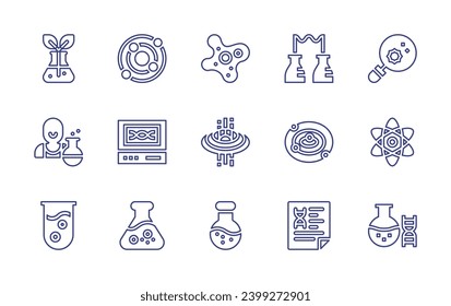 Science line icon set. Editable stroke. Vector illustration. Containing atom, testing, flask, biology, amoeba, teacher, black hole, test tube, microbiology, dna test, chemical, virus, astronomy.