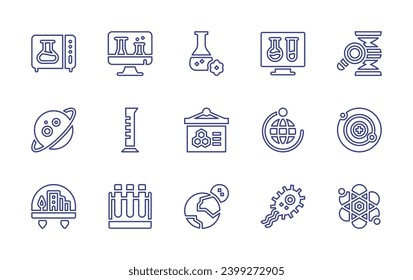 Symbol der Wissenschaftslinie gesetzt. Bearbeitbarer Strich. Vektorgrafik. Flasche, Chemie, Planet, Präsentation, Stadt, Mond, Online-Klasse, Zylinder, Teströhren, Reagenzglas und, Umlaufbahn, Neutronen.