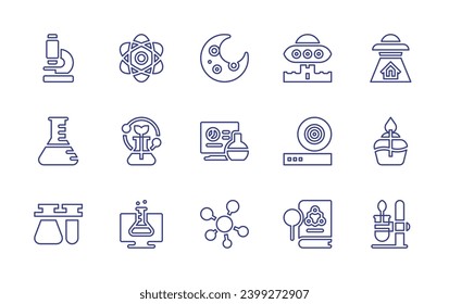 Science line icon set. Editable stroke. Vector illustration. Containing microscope, atom, chemistry, flask, flasks, virtual lab, crescent moon, ufo, computer, friction, molecule, research, bunsen burn