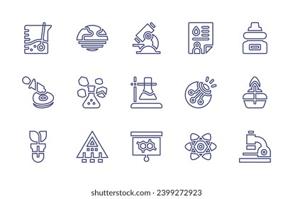 Science line icon set. Editable stroke. Vector illustration. Containing test tube, physical, microscope, dropper, flask, bunsen burner, formula, spaceship, beaker, medical report, planet, cultured.