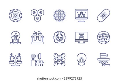 Science line icon set. Editable stroke. Vector illustration. Containing settings, tissue, plasma ball, gene therapy, planet, robot, flask, dna, laboratory, idea, test tubes, solar system, molecule.