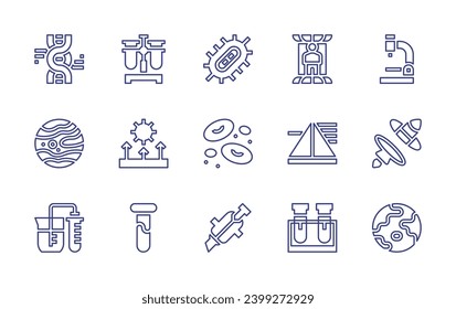 Conjunto de iconos de la línea de ciencia. Trazo editable. Ilustración vectorial. Con marte, portal, glóbulos rojos, adn, microscopio, bacterias, teletransportador, tierra, química, condensador, laboratorio, prisma.