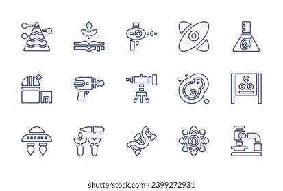 Science line icon set. Editable stroke. Vector illustration. Containing laser gun, cell, botany, atom, blaster, layers, biology, sprout, molecular biology, telescope, microscope, genetics, observatory
