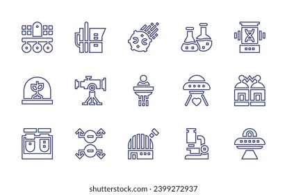 Symbol der Wissenschaftslinie gesetzt. Bearbeitbarer Strich. Vektorgrafik. Meteorit, Weltraumroboter und Fufo, Teleskop, Mikroskop, Magnet, künstliche Intelligenz, Teleportation, Hovertransport, Test.