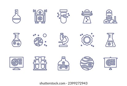 Science line icon set. Editable stroke. Vector illustration. Containing time machine, ufo, earth, sun, analysis, jupiter, test tube, microscope, chemical, flask, scientist, geology, slideshow.
