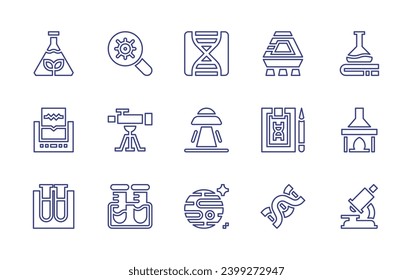 Science line icon set. Editable stroke. Vector illustration. Containing science, microscope, laboratory, bacteria, artificial intelligence, telescope, chemistry, test tubes, dna, space capsule, ufo.