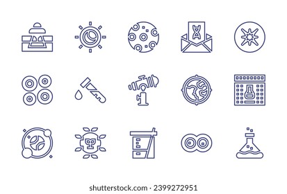 Science line icon set. Editable stroke. Vector illustration. Containing science fair, science, supernova, ufo, eclipse, red blood cells, chemistry, solar system, biology, mercury, letter, telescope.