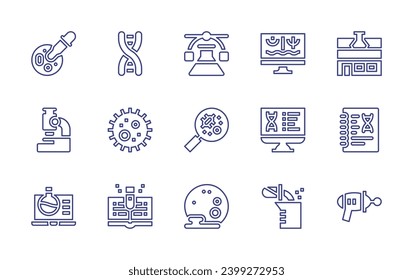 Science line icon set. Editable stroke. Vector illustration. Containing toy gun, petri dish, dna, microscope, virus, test tube, book, laboratory, notebook, experiment, full moon, research, engineering