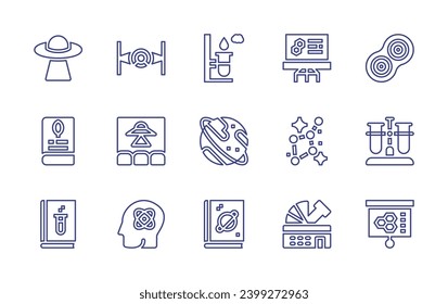 Science line icon set. Editable stroke. Vector illustration. Containing ufo, science book, science fiction, science, chemical reaction, presentation, uranus, constellation, space, observatory, cell.