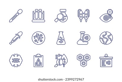 Science line icon set. Editable stroke. Vector illustration. Containing jet pack, eye, chemistry, earth, nucleotide, presentation, pipette, ai, test tube, mercury, report, flask, botany, lab.