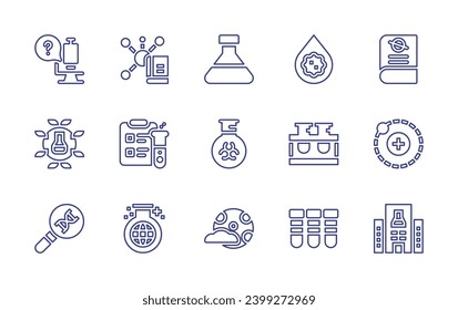 Symbol der Wissenschaftslinie gesetzt. Bearbeitbarer Strich. Vektorgrafik. Mit Wissenschaft, Kolben, Blut, Röhre, Labor, Vollmond, Teströhren, Buch, Elektron, Forschungszentrum.