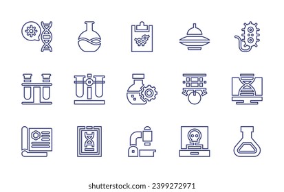 Science line icon set. Editable stroke. Vector illustration. Containing chemistry, bioengineering, microscope, bacteria, pc, testing, ufo, robot, anthropology, test tube, test tubes, dna, flask.