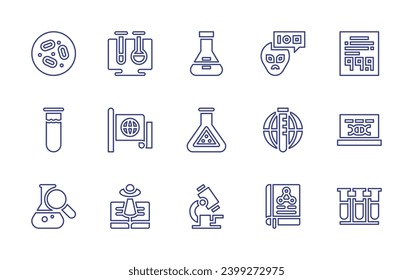 Science line icon set. Editable stroke. Vector illustration. Containing virtual lab, political science, science fiction, flask, bacteria, test tube, analysis, microscope, alien, research, chemistry.