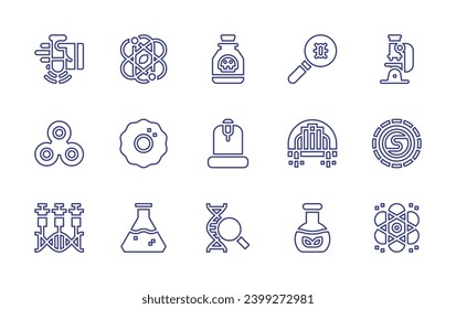 Symbol der Wissenschaftslinie gesetzt. Bearbeitbarer Strich. Vektorgrafik. Mit Wissenschaft, Zelle, Chemie, Schütteln, Gift, Pistole, Mikroskop, genetische Veränderung, DNA, Parasit, Stadt, Biologie, Atmosphäre, Atom.
