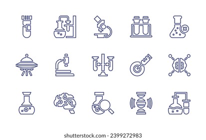 Science line icon set. Editable stroke. Vector illustration. Containing chemistry, microscope, artificial intelligence, test tube, ufo, test tubes, flask, cell, genetics, no chemical, brain, lab.