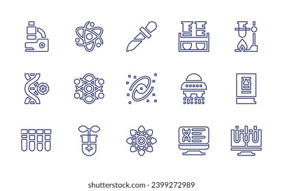 Science line icon set. Editable stroke. Vector illustration. Containing atom, physics, plant, microscope, pipette, dna, galaxy, test tube, computer, analytics, test tubes, lab, ufo, book.