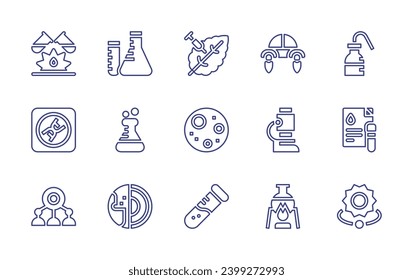 Science line icon set. Editable stroke. Vector illustration. Containing science, flask, geology, chemical reaction, genetic modification, dna, full moon, robot, test tube, experiment, sun, flying car.