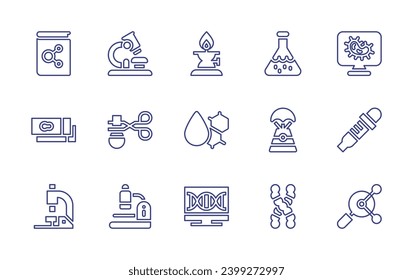 Science line icon set. Editable stroke. Vector illustration. Containing chemistry, laboratory, slides, water drop, microscope, pc, tongs, flask, bacteria, space capsule, pipette, dna, research.