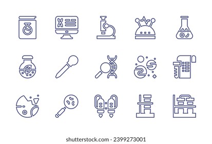 Science line icon set. Editable stroke. Vector illustration. Containing chemistry, research, biomass, dna structure, destroyed planet, jet pack, dna, pipette, magnifying glass, electricity, tube.