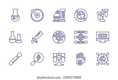 Science line icon set. Editable stroke. Vector illustration. Containing test tube, nuclear, chemical, geology, eyedropper, electron, pipette, search, astronomy, dna, bond, mechanical, virus.