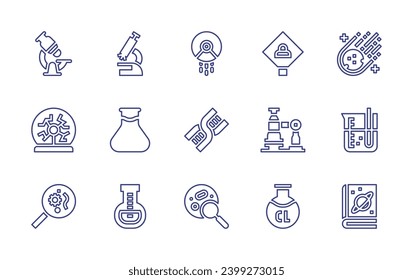 Symbol der Wissenschaftslinie gesetzt. Bearbeitbarer Strich. Vektorgrafik. Mikroskop, Kolben, Roboter, Plasma-Ball, DNA, Virus, Mikroorganismus, ufo, ultra Chlor, Asteroid, Becher, Buch.