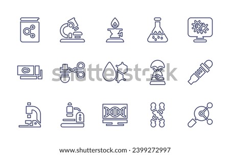 Science line icon set. Editable stroke. Vector illustration. Containing chemistry, laboratory, slides, water drop, microscope, pc, tongs, flask, bacteria, space capsule, pipette, dna, research.
