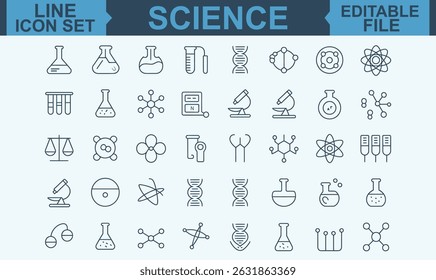 Science Line Icon Set Featuring Editable Stroke Vector Symbols for Physics, Chemistry, Biology, Laboratory Research, and Educational Concepts