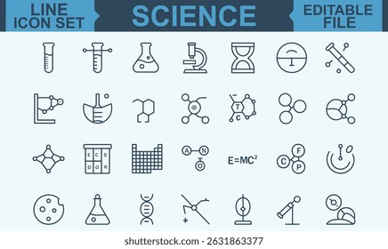 Conjunto de ícones da linha da ciência com símbolos editáveis do vetor do traço para física, química, biologia, pesquisa laboratorial e conceitos educacionais