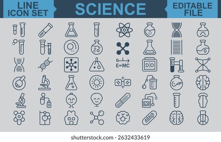 Science Line Icon Set Featuring Editable Stroke Vector Symbols for Physics, Chemistry, Biology, Laboratory Research, and Educational Concepts	