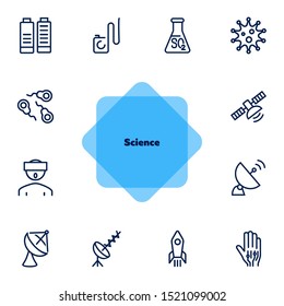 Science line icon set. Set of line icons on white background. Space concept. Antennae, satellite, rocket. Vector illustration can be used for topics like space ship, space travelling, science