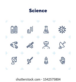 Science line icon set. Set of line icons on white background.   Antennae, satellite, rocket. Vector illustration can be used for topics like space ship, space travelling, science
