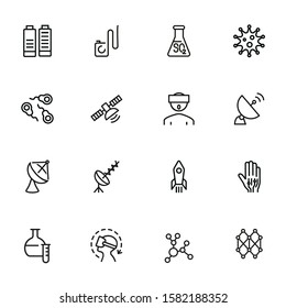 Science line icon set. Set of line icons on white background. Space concept. Antennae, satellite, rocket. Vector illustration can be used for topics like space ship, space travelling, science