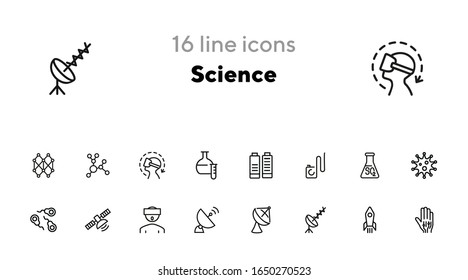 Science line icon set. Set of line icons on white background. Space concept. Antennae, satellite, rocket. Vector illustration can be used for topics like space ship, space travelling, science