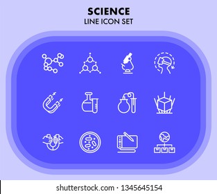 Science line icon set. Magnet, lab flask, microscope. Research concept. Can be used for topics like physics, chemistry, graphic design