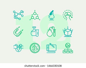 Science line icon set. Magnet, lab flask, microscope. Research concept. Can be used for topics like physics, chemistry, graphic design