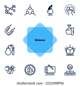 Science line icon set. Magnet, lab flask, microscope. Research concept. Can be used for topics like physics, chemistry, graphic design
