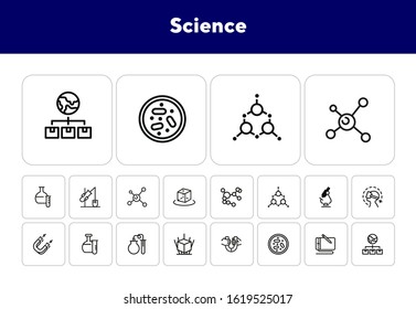 Science line icon set. Magnet, lab flask, microscope. Research concept. Can be used for topics like physics, chemistry, graphic design