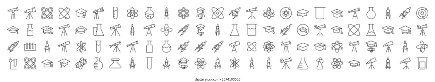 Science Line Icon Set. Modern Collection for Design, Web Sites, Apps, Cards. Contains Linear Images of Laboratory Bulb, Compass, Atom, Telescope