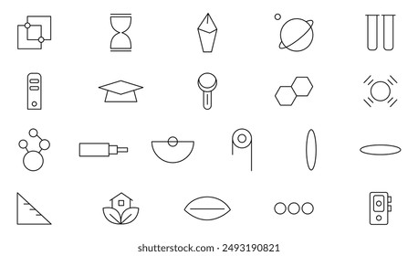 Wissenschaft Line-Symbol gesetzt. Teleskop, Satellit und Rakete, wissenschaftlich. Technologie Fortschritt. Creative Science Tech Prozess, Network Web Security, Website und Video Game, Creativity Icon Kollektion