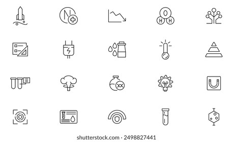 Science line icon set.Laboratory, molecule, data, Science, DNA, galaxy, brain, Chemical formula, chemistry, medical, experiment Outline icon collection. Ui thin line icon pack.