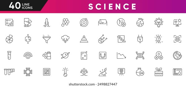 Science line icon set.Laboratory, molecule, data, Science, DNA, galaxy, brain, Chemical formula, chemistry, medical, experiment Outline icon collection. Ui thin line icon pack.