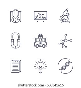 Science line icons isolated on white, research, study, laboratory, chemistry, physics, biology, robotics, mechanical engineering, vector illustration