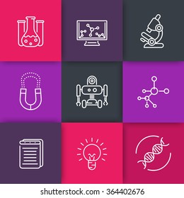 Science Line Icons On Squares, Research, Laboratory, Biology, Chemistry, Physics Icon, Vector Illustration