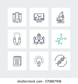 Science line icons on squares, research, laboratory, study, chemistry, physics, biology icon, vector illustration