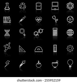 Science line icons with reflect on black background, stock vector