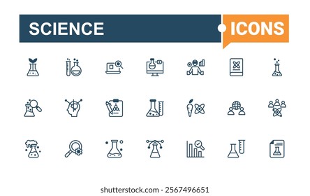 Science line icons set. Contains such icons as physics, biotechnology, experiment, chemical, molecule and more. Minimal linear icons. Editable vector icon and illustration.