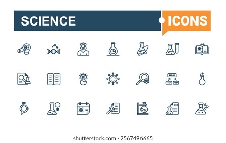 Science line icons set. Contains such icons as physics, biotechnology, experiment, chemical, molecule and more. Minimal linear icons. Editable vector icon and illustration.