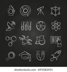Science line icons set on chalkboard. School chemistry science, vector illustration